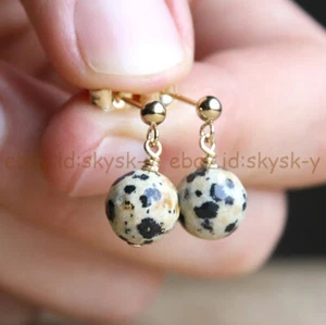 Natural Dalmatian Jasper Gemstone 8mm Round Beads Dangle Stud Earrings - Picture 1 of 5