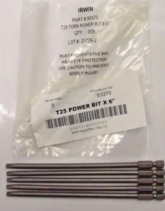 Irwin 93370 Torx Power Bit T25 1/4" Hex Drive, 6" OAL 5pcs. - Picture 1 of 1