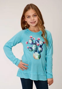 Roper Girls Turquoise Poly/Rayon Cactus L/S T-Shirt - Picture 1 of 4