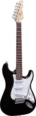 MSA E-Gitarre klassisch schwarz, weiße Hardware, Tremolo, Kabel, Walnuss Griffbrett