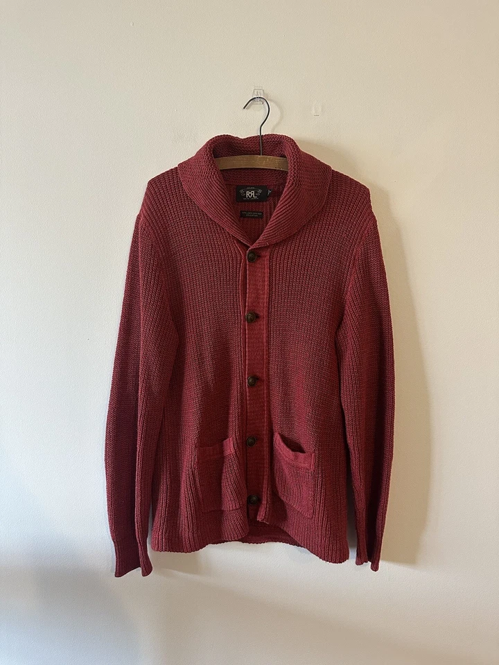 Cárdigan RRL Ralph Lauren años 30 inspirado algodón lino seda chal cuello M rojo Foto 1 de 4
