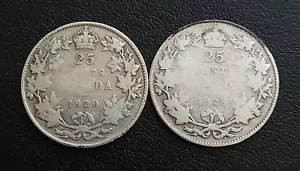 Monedas de 25 centavos de plata Canadá 1920 y 1928 - Rey Jorge 80 % plata - Imagen 1 de 2