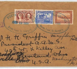 NEWFOUNDLAND Canada KGV 8c 6c 3c (1928) Cover *SANDY POINT* Blue 1931 Oval XJ243 - Picture 1 of 15