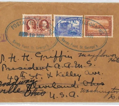 NEWFOUNDLAND Canada KGV 8c 6c 3c (1928) Cover *SANDY POINT* Blue 1931 Oval XJ243 - Image 1 of 4