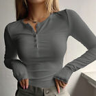 Pullover T-Shirt Tunic Tops Tee Stretch Button Women V-neck Slim Fit Long Sleeve