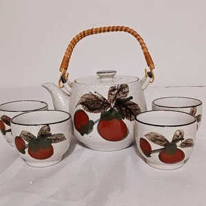 Vintage MCI Japan Hand Painted Plum Stoneware Teapot And 4 Cups - Picture 1 of 10