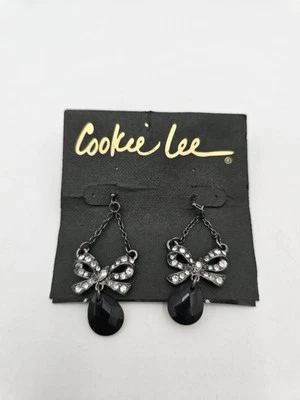 Cookie Lee Dangle Earrings Bow  Genuine Crystal Earrings Silver Tone & Black  - Image 1 of 4
