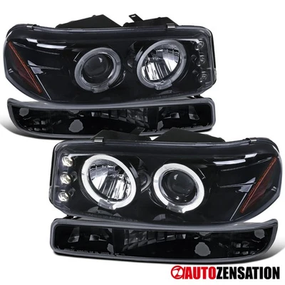 Fit 2000-2006 GMC Sierra Yukon Smoke LED Halo Projector Headlights+Bumper Lamps Foto 1 de 4