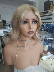 Short Highlight Blonde Wave Wig 100% Human Hair 13x4 Lace Front Wig - Picture 1 of 5