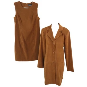 Vintage 90s Y2K Tan Brown Dress Suit 2 Piece Blazer Jacket Faux Suede Womens 12 - Picture 1 of 8