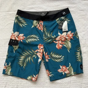New Rip Curl Board Shorts Men's 34 Swim Trunks Surf Hawaiian Floral Teal Green - Picture 1 of 7