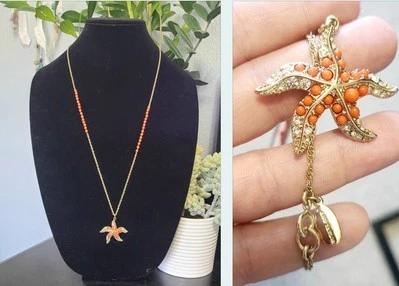 Ann Taylor Goldtone Starfish Adorned W/ Orange Beads & Rhinestone Crystals... - Image 1 of 4