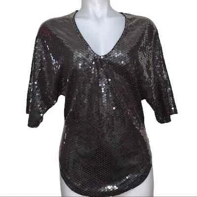 LaROK Black Sequined Short Sleeve V Neck Top XS - Image 1 of 4