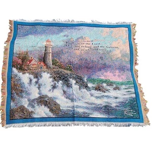 Thomas Kinkade Painter of Light Bible Verse Psalms Lighthouse Throw Blanket Wall - Picture 1 of 5