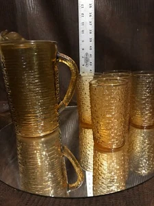 Set of 5 Glasses Mid Century Modern Retro Amber Gold RippleTea Glasses w/pitcher - Picture 1 of 4