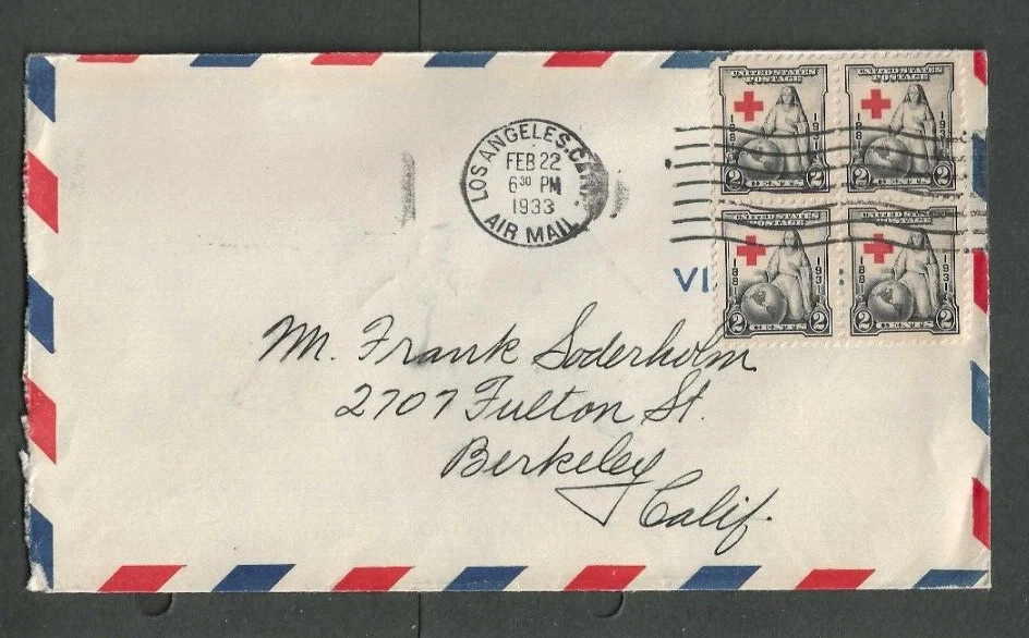 1933 Block Of 4 Red Cross Stamps #702 On Airmail Cover Pays 8c Rate Scarce Thus - Image 1 of 1
