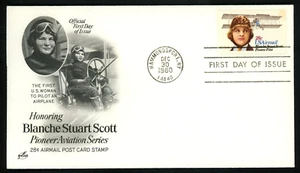 AVIATION PILOT BLANCHE STUART SCOTT AIR MAIL ARTCRAFT CACHET 1980 FDC VF UNADDR - Picture 1 of 1