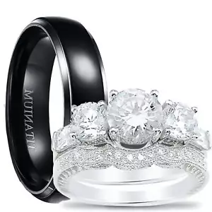 His Her TRIO Wedding Rings Set - Picture 1 of 7
