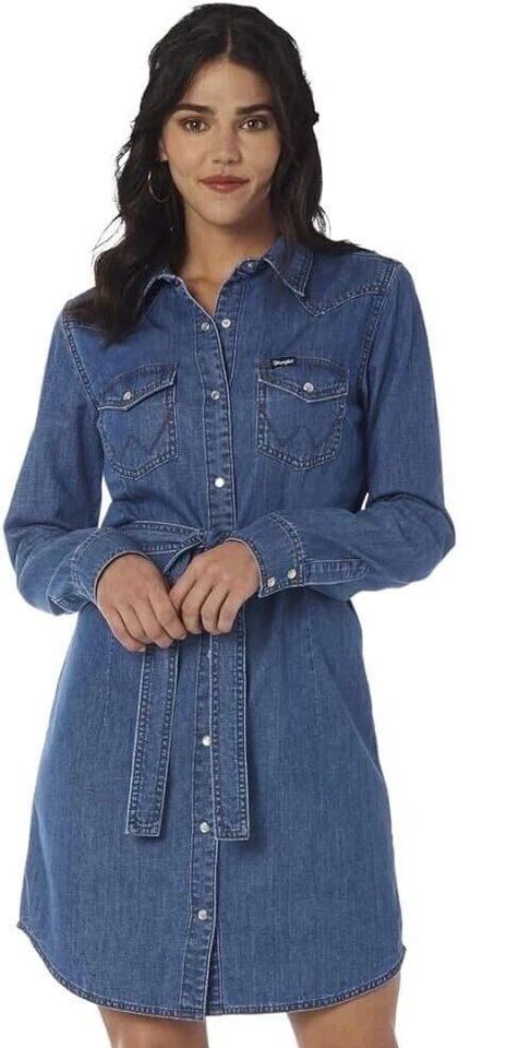 WRANGLER Womens L/S Western Snap Denim Dress Blue Collar Tie Waist Sz Small