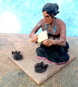 Very Very Rare Vintage Cotton Wood Carving by Tom W Yazzie Woman Brushing Wool - Picture 1 of 15
