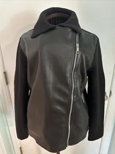 ann taylor SP black diagonal zip faux leather biker jacket with sweater sleeves - Picture 1 of 9