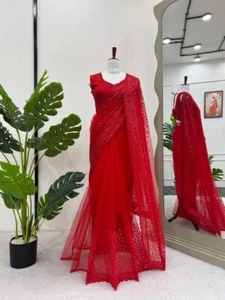 New Soft Net Red Saree With Blouse For Wedding And Function - Picture 1 of 7