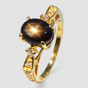 THAILAND BLACK STAR SAPPHIRE 2.05CT 24K GOLD PLATED 925 STERLING SILVER RINGS - Picture 1 of 9