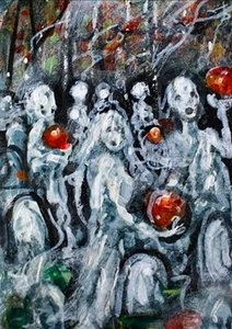 ORIGINALE ACEO Halloween CIMITERO FANTASMA albero tomba autunno zucca spirito ATC ART - Foto 1 di 1