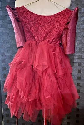 Elegant Maroon-colored Filipiniana Lace Kids Formal Dress with butterfly sleeves - Image 1 of 4