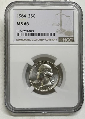 1964 Washington Quarter 25c NGC MS 66 Mint State Uncirculated Coin - Image 1 of 4