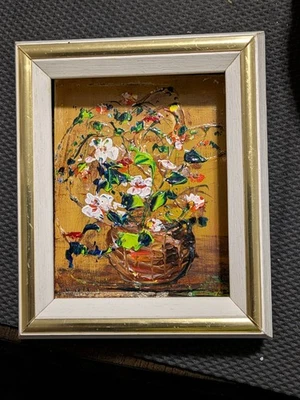 Textured Floral Oil On Wood Painting - Image 1 of 4