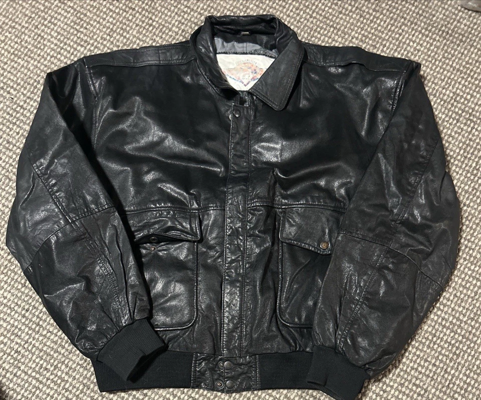 Vintage B-2 Super Fortress Leather Bomber Jacket Men’s XL Black Flight Map Lined - Image 1 of 4