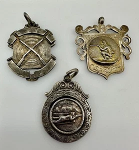 3 - Antique Sterling Silver Shooting Rifle Award Medal Watch Fobs 1909 1892 1929 - Picture 1 of 9