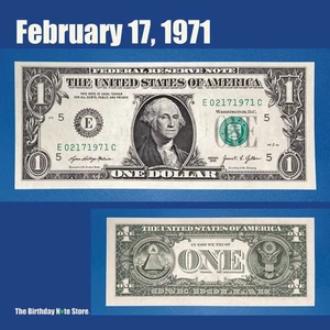 February 17, 1971 Birthday Anniversary $1 One Dollar Bill Serial Number 02171971 - Picture 1 of 2