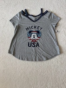 DISNEY Mickey Mouse Cold Shoulder T-Shirt Size XL Gray New - Picture 1 of 9
