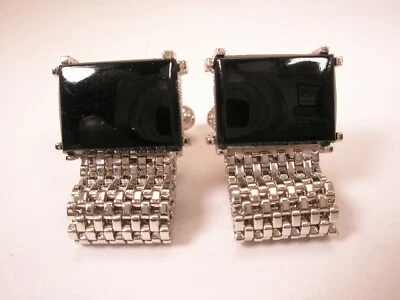 Correa de reloj de malla envolvente tono piedra negra y plata vintage SWANK gemelos Foto 1 de 4