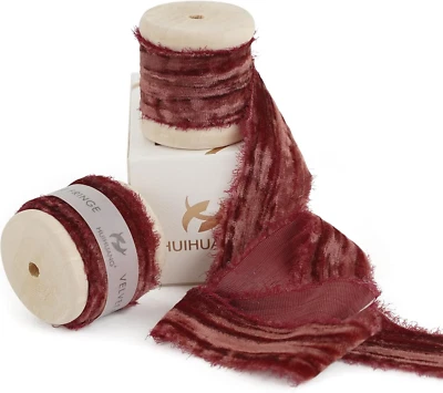 Cinta de terciopelo rojo óxido flecos de cinta de terciopelo de seda deshilachada de 1 pulgada para envolver regalos Foto 1 de 4