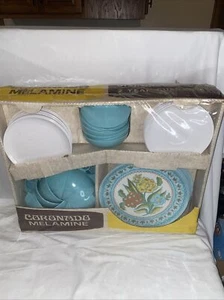 Vtg Coronado Turquoise Melmac Melamine DISHES CUPS Set For 8 Sealed In Box - Picture 1 of 7