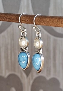 Ohrringe Mondstein Boho Bankett Pendelohrring Ohrstecker Edelstahl Silber Türkis - Bild 1 von 4