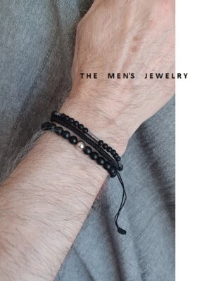 Nuevo Juego Pulsera Hombre Piedra Ónix con Plata de Ley 925 Tejido a Mano 3 Piezas Foto 1 de 4