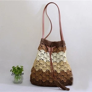 Handmade Straw Shoulder Bucket Handbag Bohemian Style - Mulicolor Brown - Picture 1 of 3
