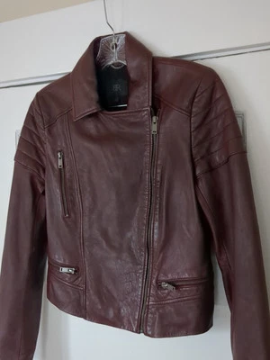 Banana Republic Monogram Lambskin Leather Moto Jacket Black Rose Burgundy Crop - Image 1 of 4