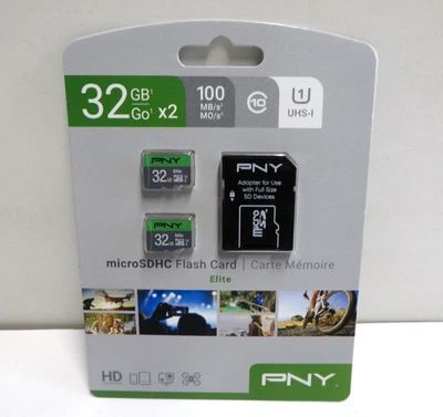 PNY 32GB X2 Elite UHS-I microSDHC Memory Cards - NEW SEALED - Image 1 of 3