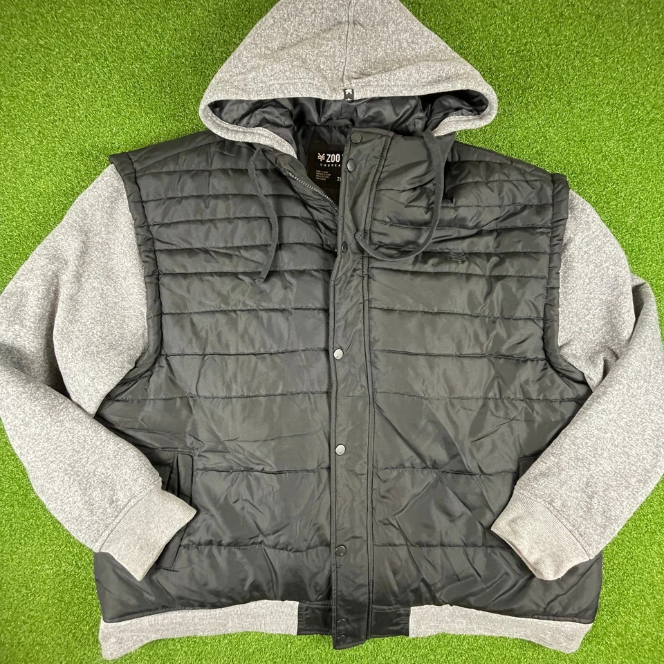 Zoo York Unbreakable Mens Black Gray Zip Snap Hooded Puffer Jacket Sz 2XL - Image 1 of 4