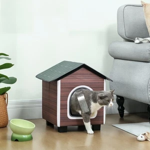 PawHut Outdoor Cat House with Elevated Base, Cushion, Red-brown - Picture 1 of 11
