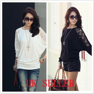 UK Shop Womens Stylish Loose Baggy Batwing Lace Long Sleeved Top / T-Shirt - Picture 1 of 24