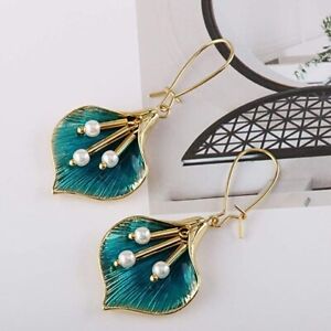 Vintage Blue Green Flower Pearl Tassel Pendant Drop Earring Gold PLD