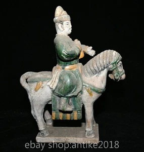 12.4" Old Chinese Tangsancai Pottery Dynasty People Ride Tang Horse Statue - Picture 1 of 15