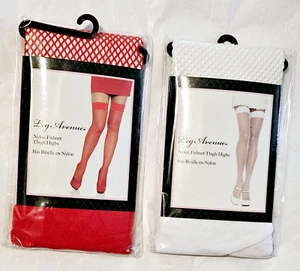 2 Pair of Leg Avenue Fishnet Thigh Hi Stockings Red - White - One Size Fits Most - Picture 1 of 3