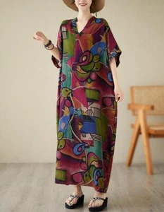 Womens Fashion Summer V Neck Short Sleeve Loose Printed Cotton Linen Dress Maxi - Picture 1 of 11